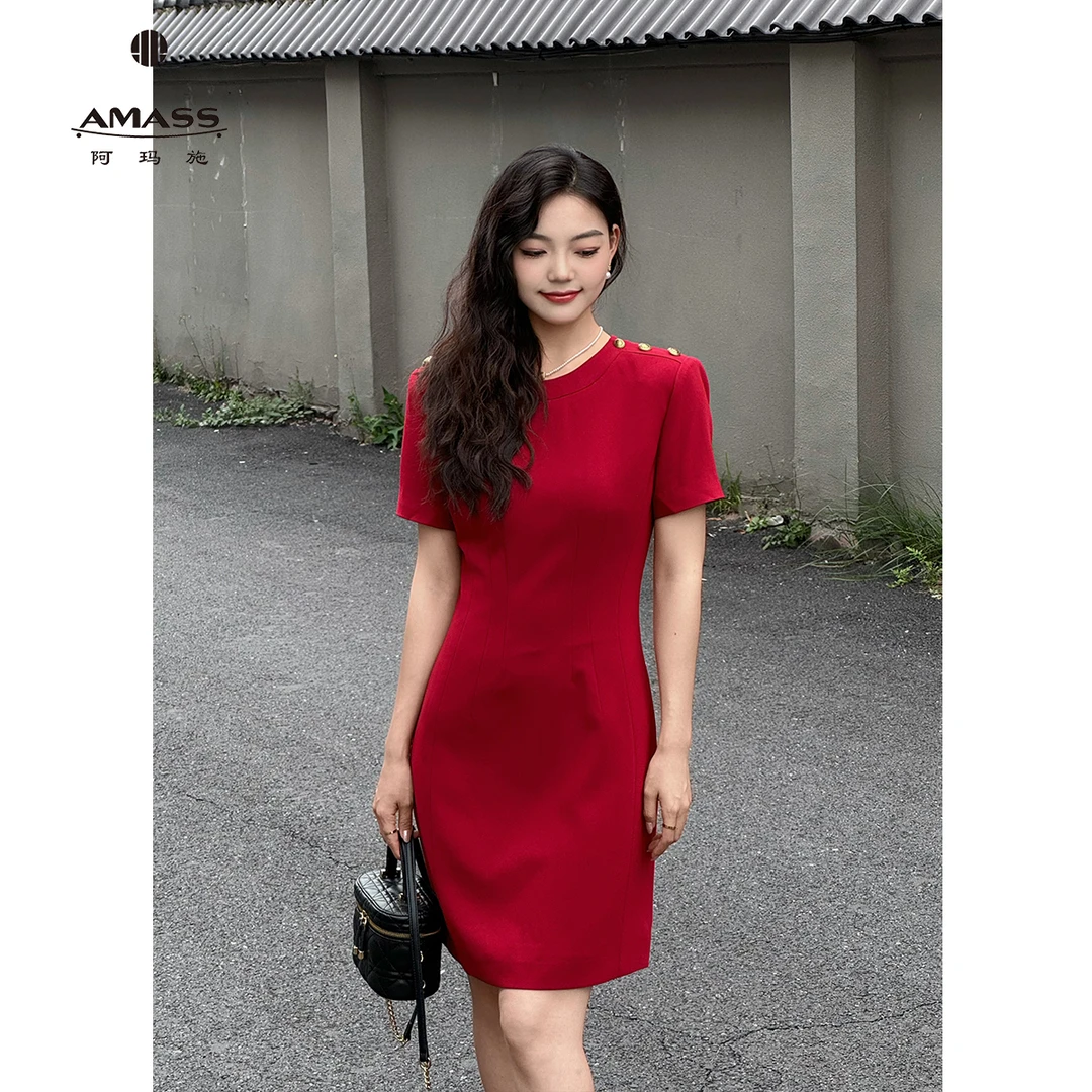 AMASS/阿玛施夏季经典知性圆领显瘦收腰洋气连衣裙后妈裙5500457
