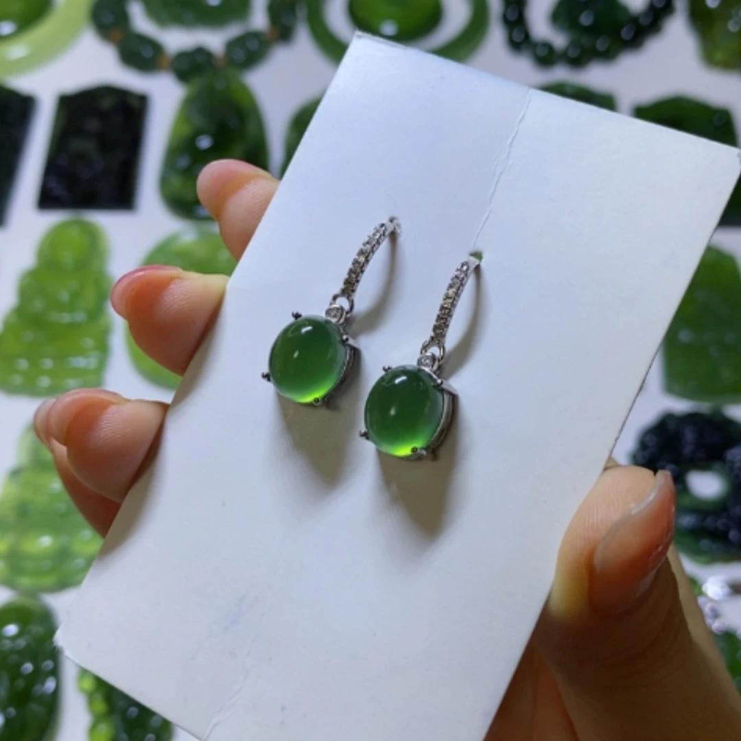 【闪购商品】银S925镶嵌蛇纹石玉耳环