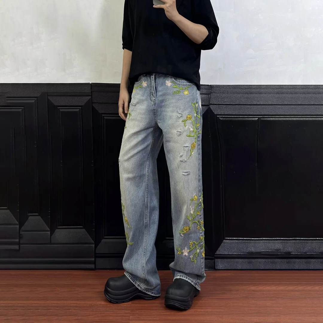 藤蔓刺绣牛仔裤男夏季vibe美式复古小众设计感宽松休闲水洗直筒裤