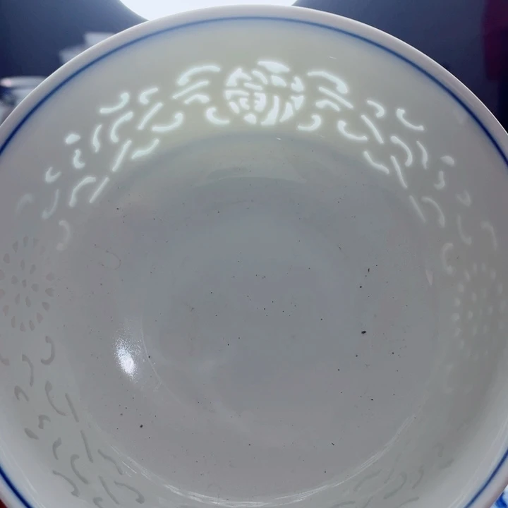 青花玲珑7寸面碗满雕双福双线