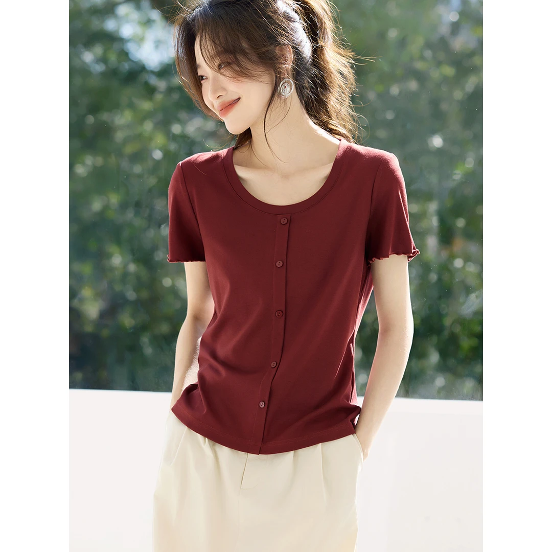 沫晗依美【午后红茶】慵懒休闲木耳边T恤25夏简约百搭显瘦U领短袖女