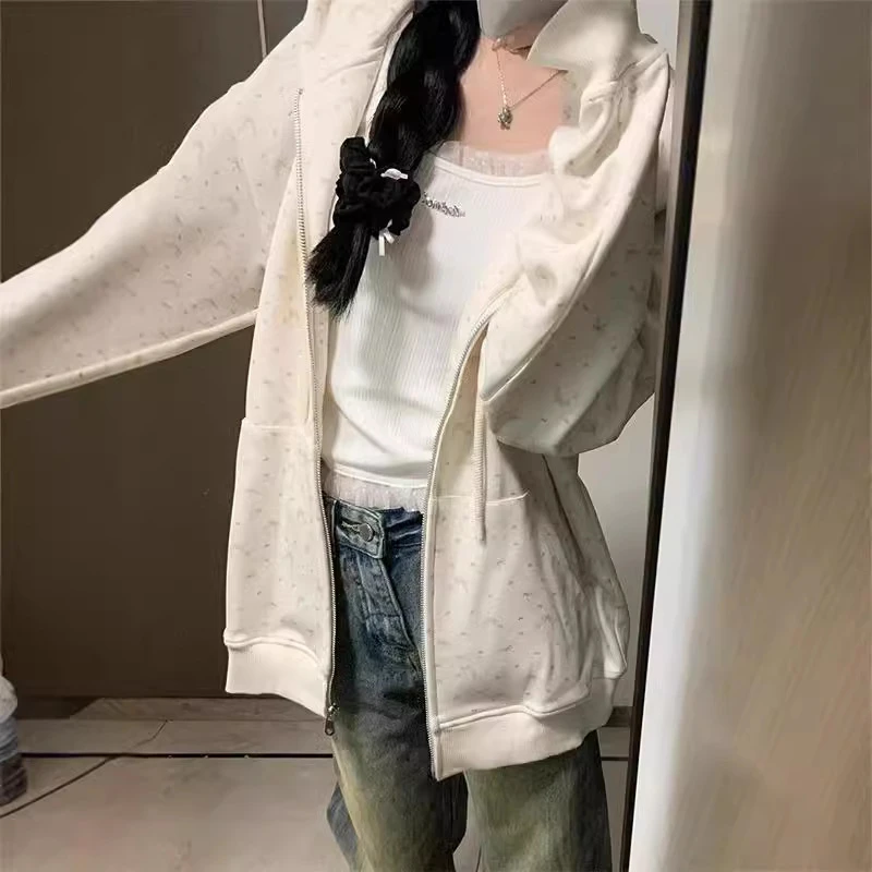 美式复古慵懒少女感bm风卫衣外套女春秋2024新款宽松连帽开衫上衣