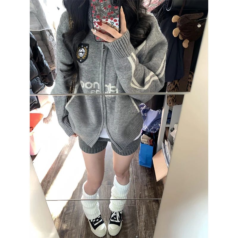 oversize翻领拉链毛衣开衫女2025秋装新款韩版宽松带标针织衫外套