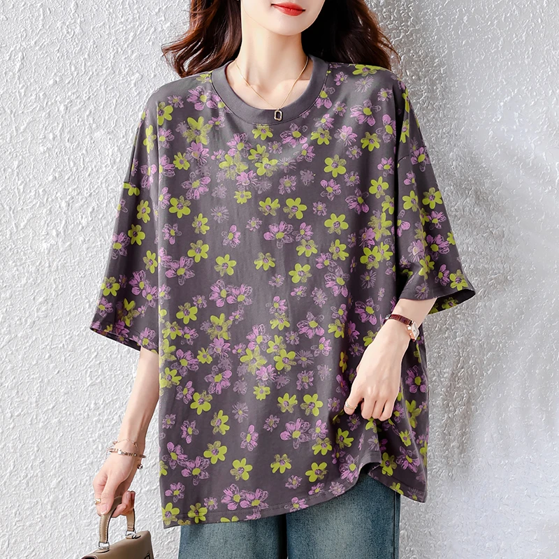 【女神新衣】休闲大码减龄高级灰色小雏菊上衣碎花短袖T恤潮