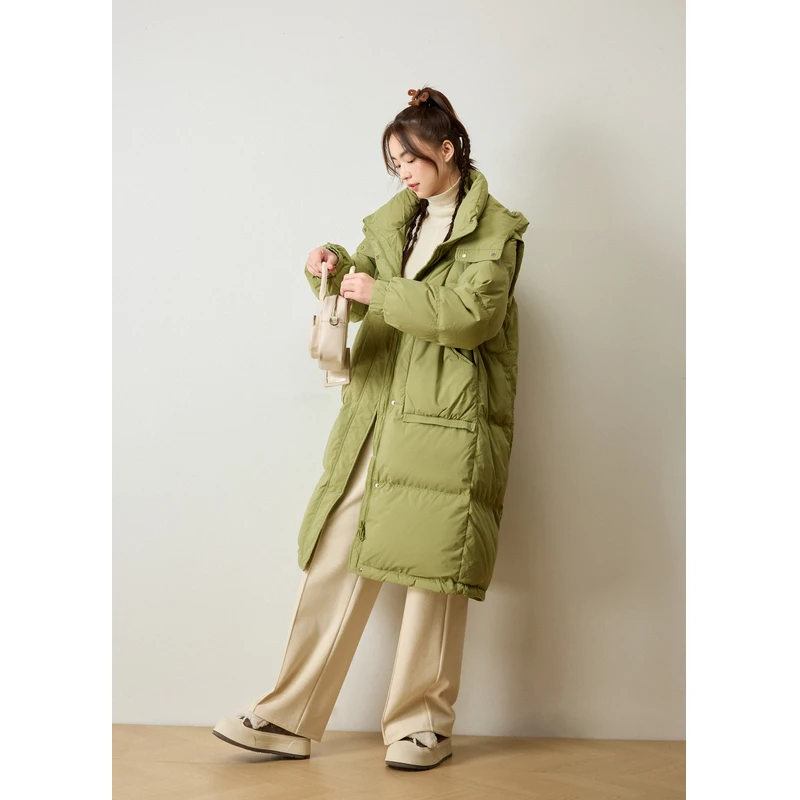 紫涵中长款连帽羽绒服外套冬季纯色直筒宽松鸭绒面包服Z4Z10AW024