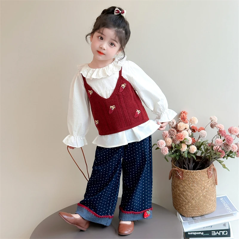 女童秋装套装2025新款女宝宝洋气吊带马甲荷叶领打底衫韩版三件套