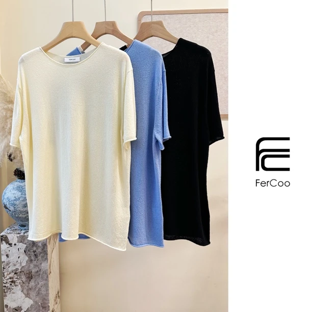 轻柔薄款圈圈纱棉质自然卷边圆领短袖针织套头衫针织T恤