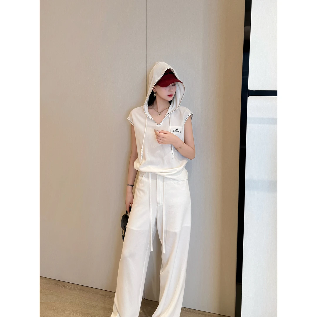 NancyCavally专柜款超柔呼吸感棉麻 松弛连帽马甲/抽绳阔腿裤套装