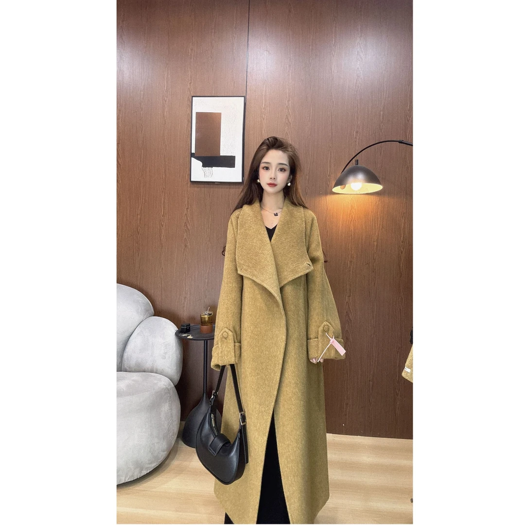 秋冬红色宽松防水毛呢外套女装女纯色冬季轻奢复古24010