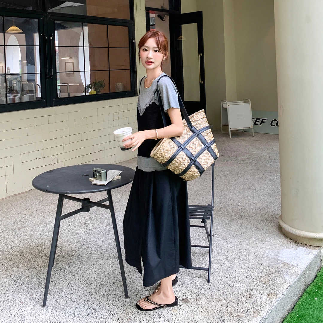夏季ootd减龄穿搭一整套女高级感洋气显瘦假两件短袖半身裙两件套