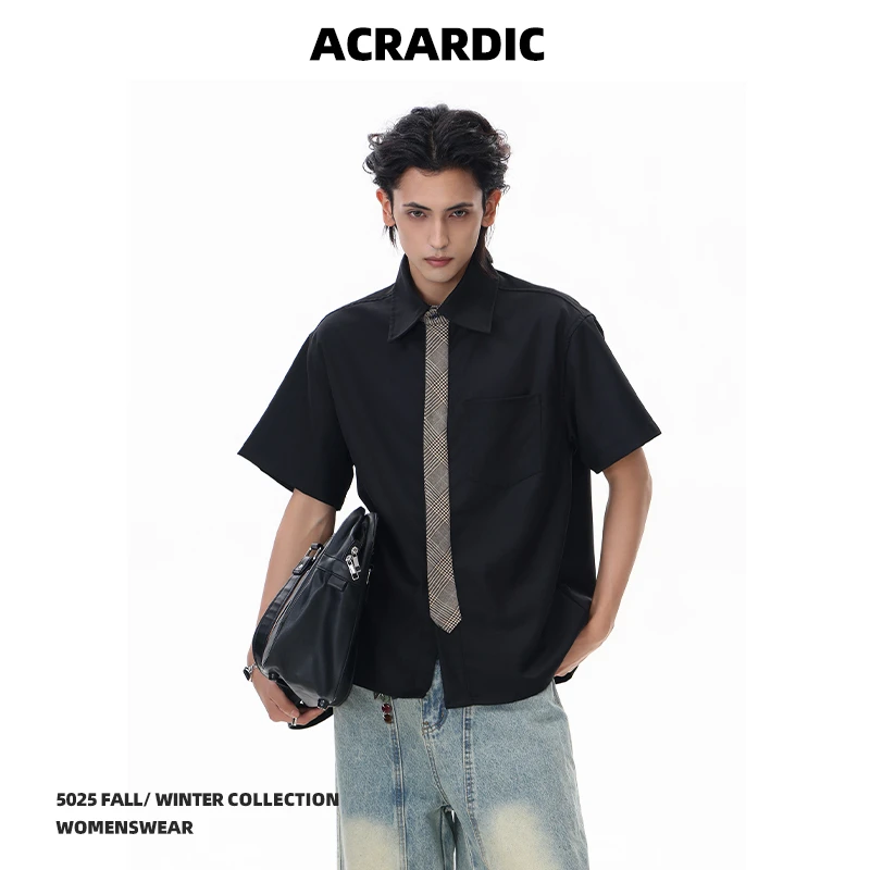 ACRARDIC潮牌少年感领带设计短袖衬衫男街头痞帅休闲半袖衬衣2025