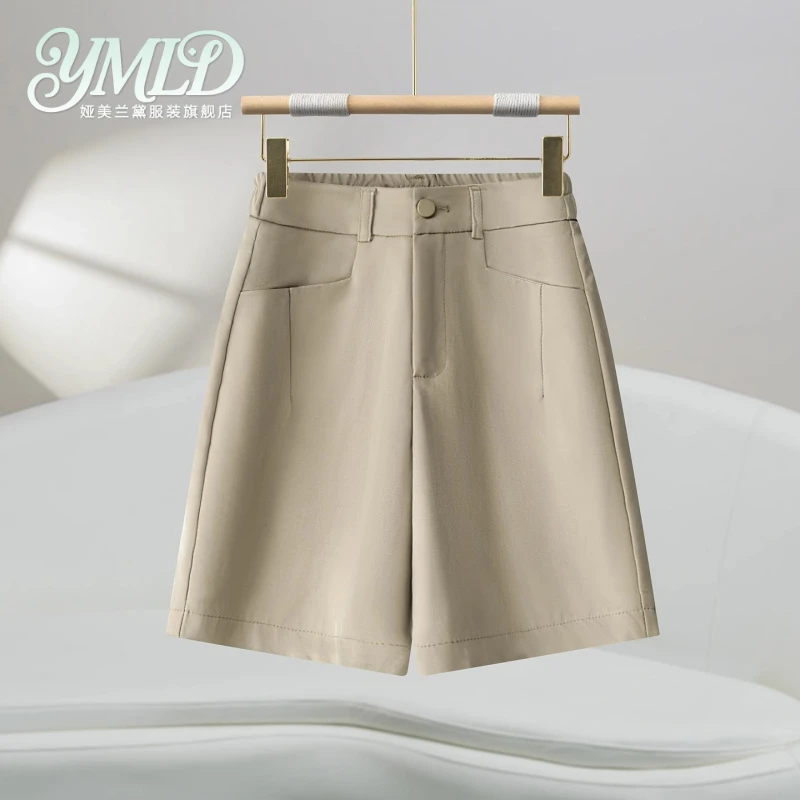 卡其色西装短裤女2026夏季新款薄款休闲后松紧阔腿五分中裤子外穿