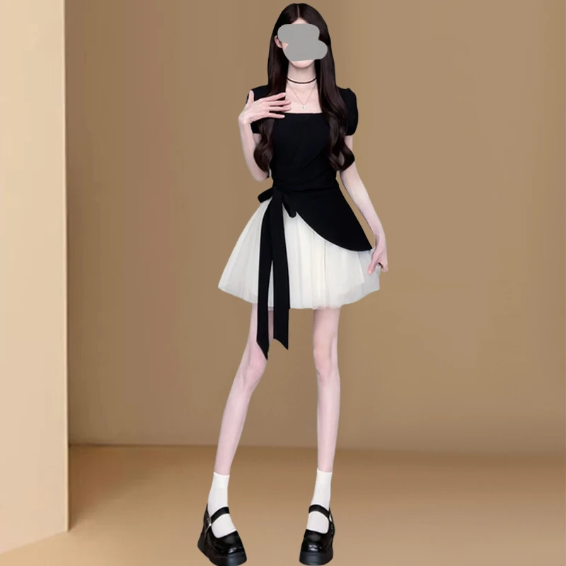 大码女装法式茶歇风设计感连衣裙黑色蓬蓬裙夏季胖mm气质显瘦裙子