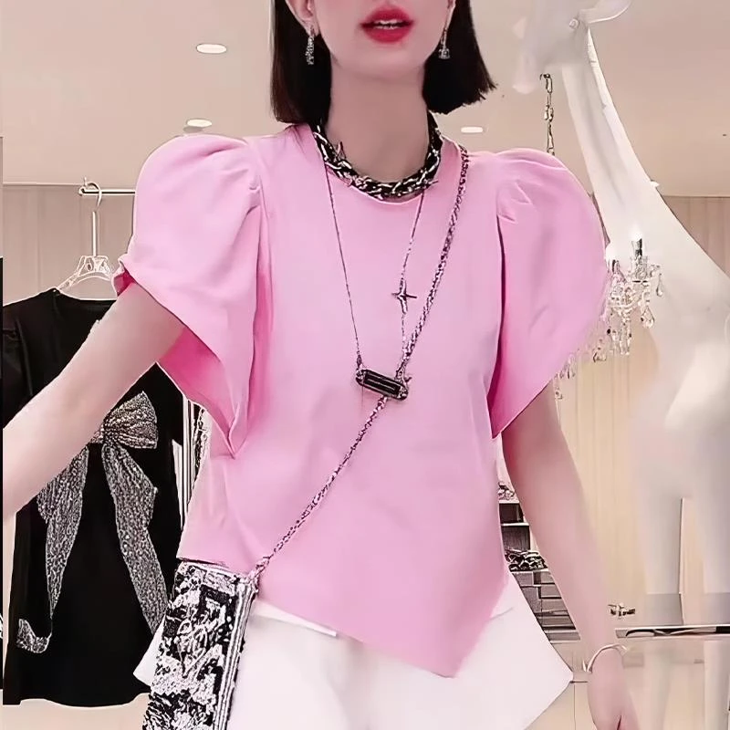 VOCKOO官方新款夏季时尚气质简约百搭泡泡袖设计洋气个性潮流短袖