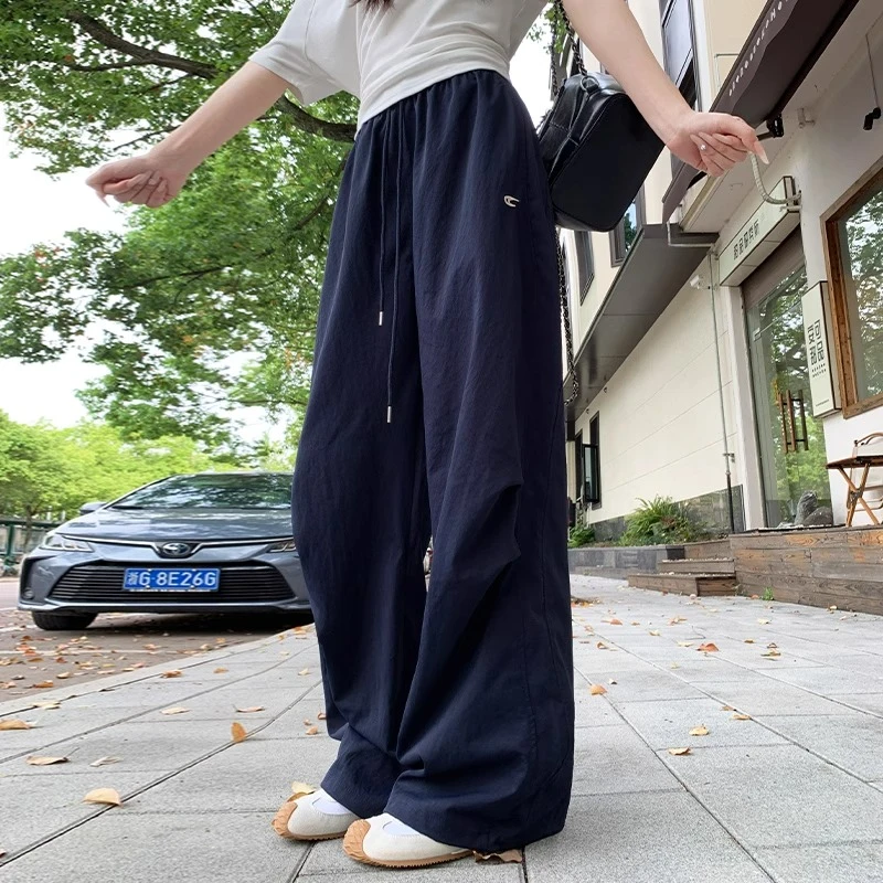 美式速干工装裤女夏季2025新款高腰垂感直筒小个子休闲刺绣阔腿裤