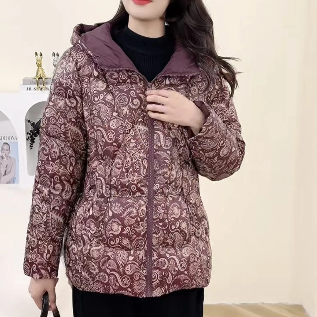 25003短款连帽宽松休闲时尚保暖中老年印花品质小棉服