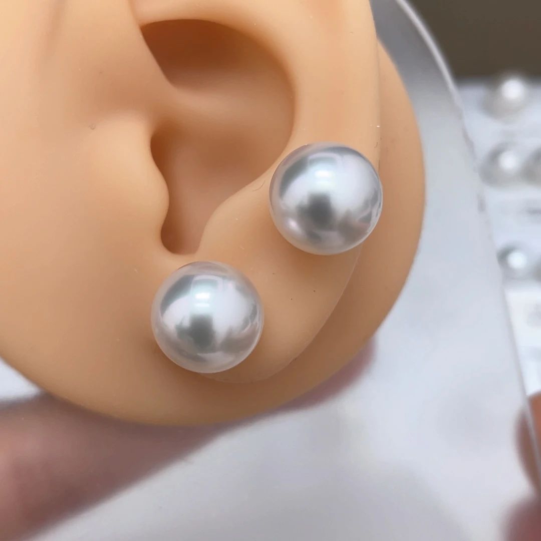 定制海水珍珠耳饰9K金镶嵌11-12澳白素钉
