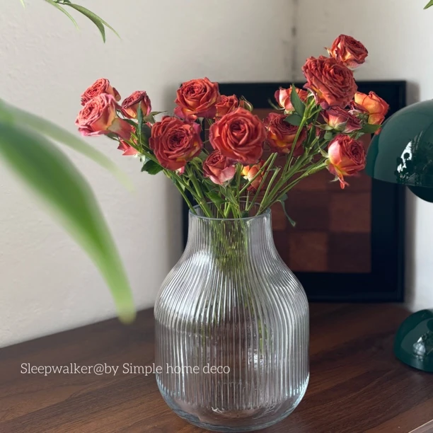 竖纹|口7高20宽15简约透明竖条纹玻璃花瓶 餐桌插花装饰摆件