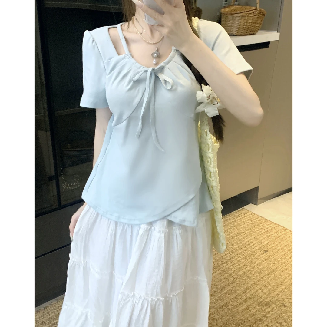 【6633】大码欧若风2025夏新款设计感系带纯色短袖修身遮肉显瘦上衣