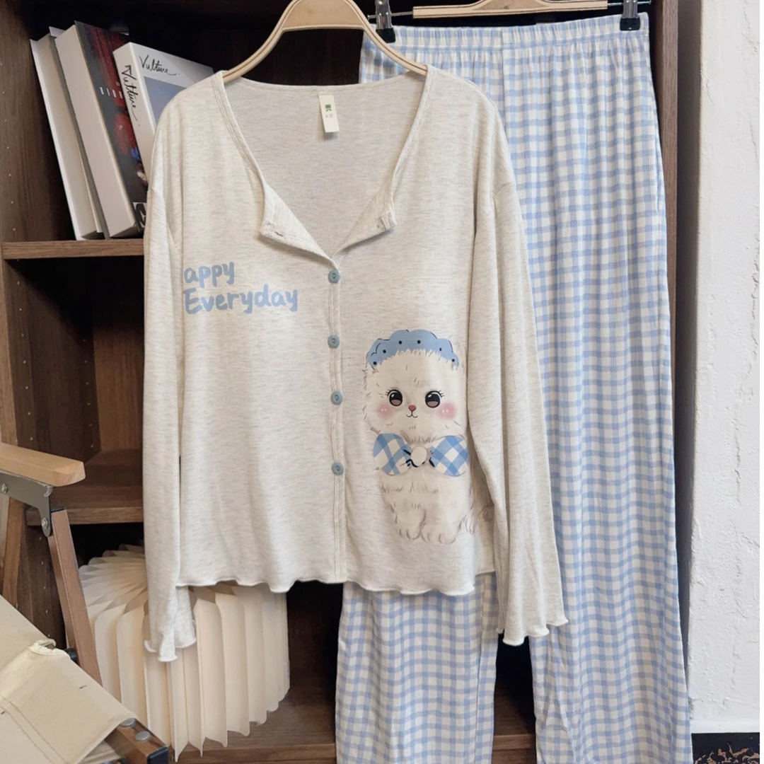 【小翻领领结猫咪长袖】新款带胸垫可外穿休闲家居服套装睡衣