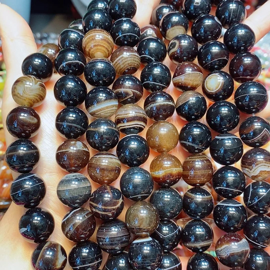 玛瑙/玉髓未镶嵌珠宝半成品16mm黑玛瑙线条一条