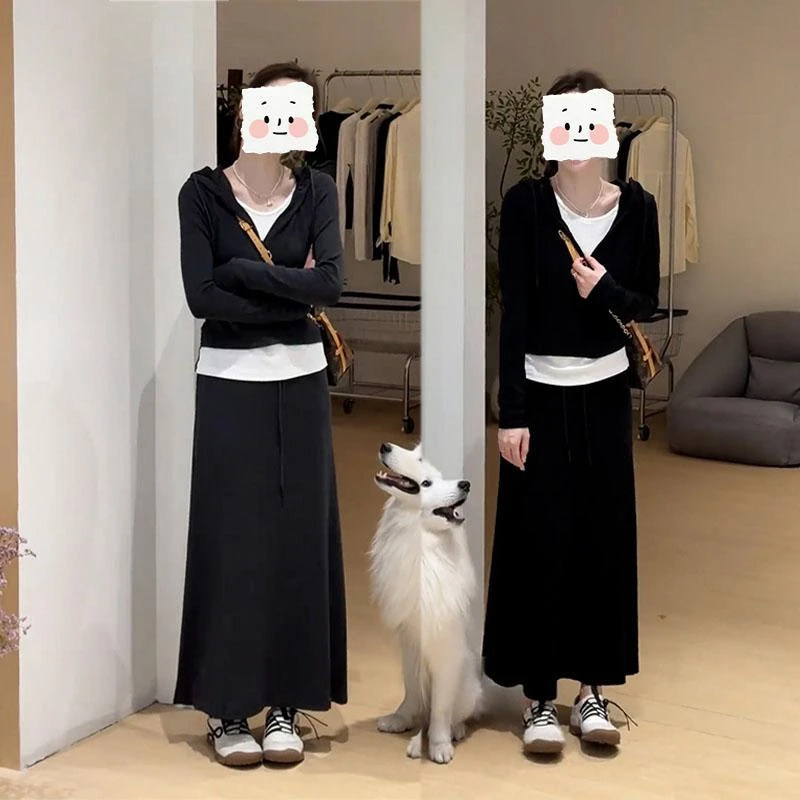 女生韩系ins衣服设计感慵懒时尚假两件连帽卫衣高腰半身裙两件套