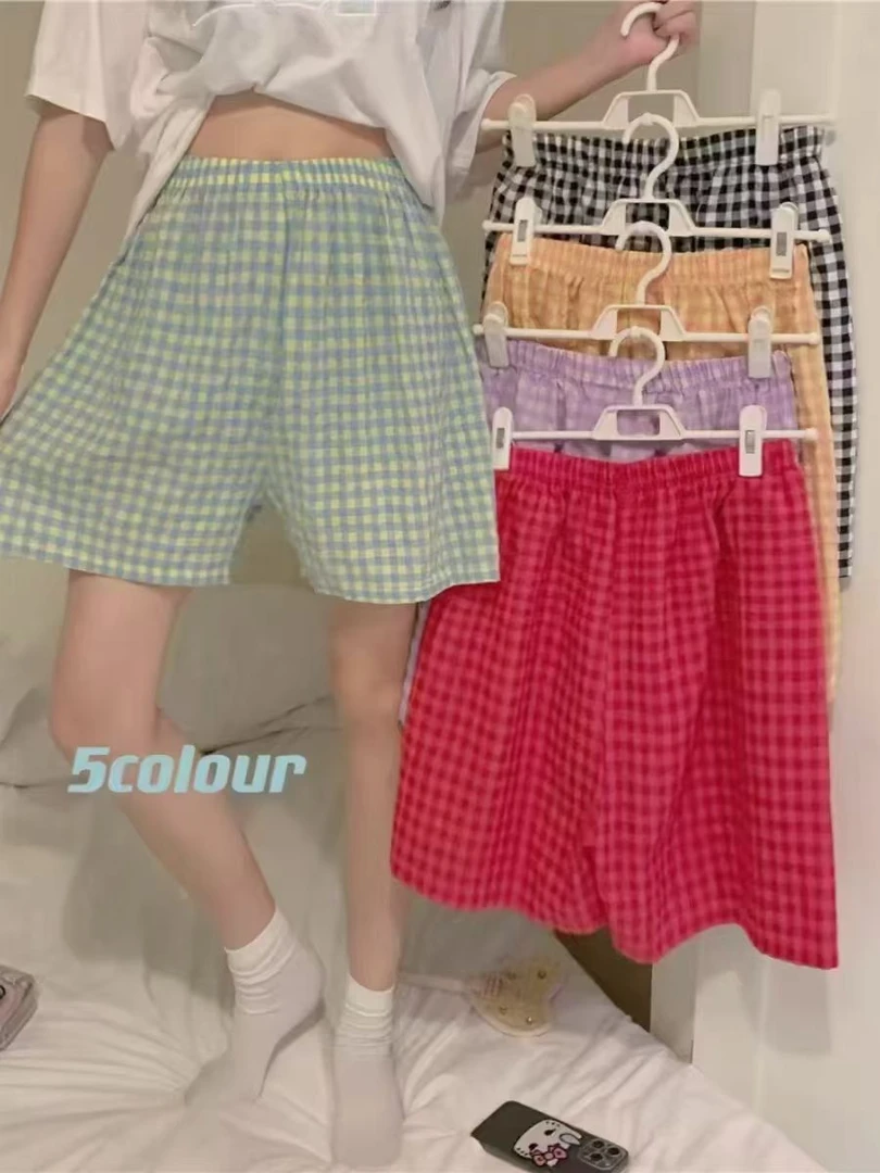 夏季女生外穿撞色格子高腰轻薄透气宽松舒适家居短裤