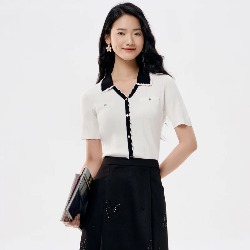 【粉丝专享】BuouBuou秒瘦T商场款黑白撞色小香风针织上衣女BLCA943