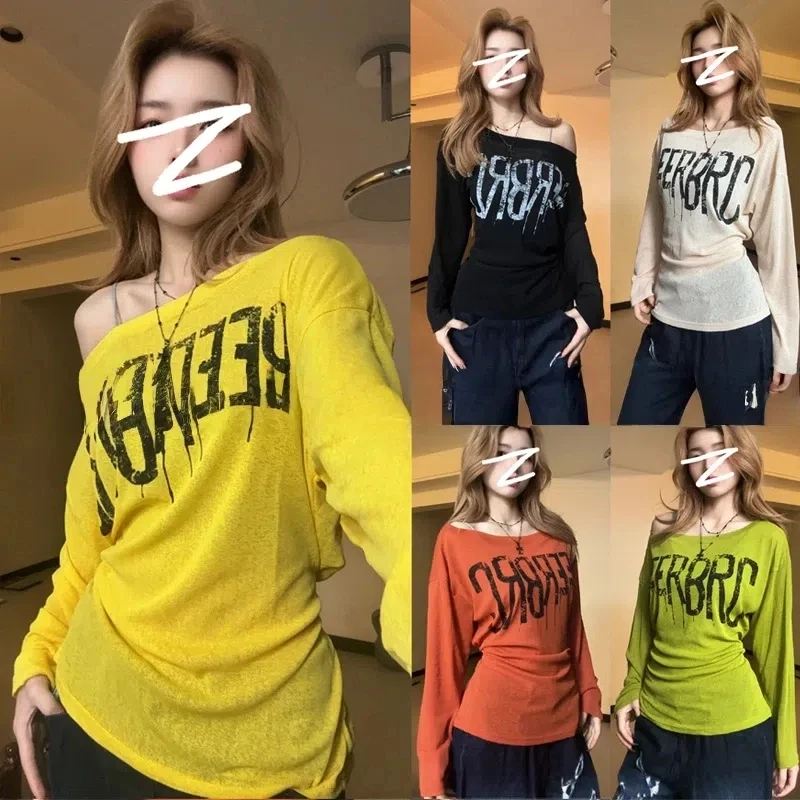 休闲慵懒风字母印花长袖罩衫上衣女夏显瘦中长款宽松微透防晒衫