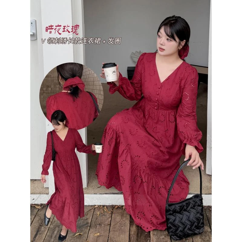 大码女装240斤胖MM时尚刺绣镂空中长款泡泡袖连衣裙k3144