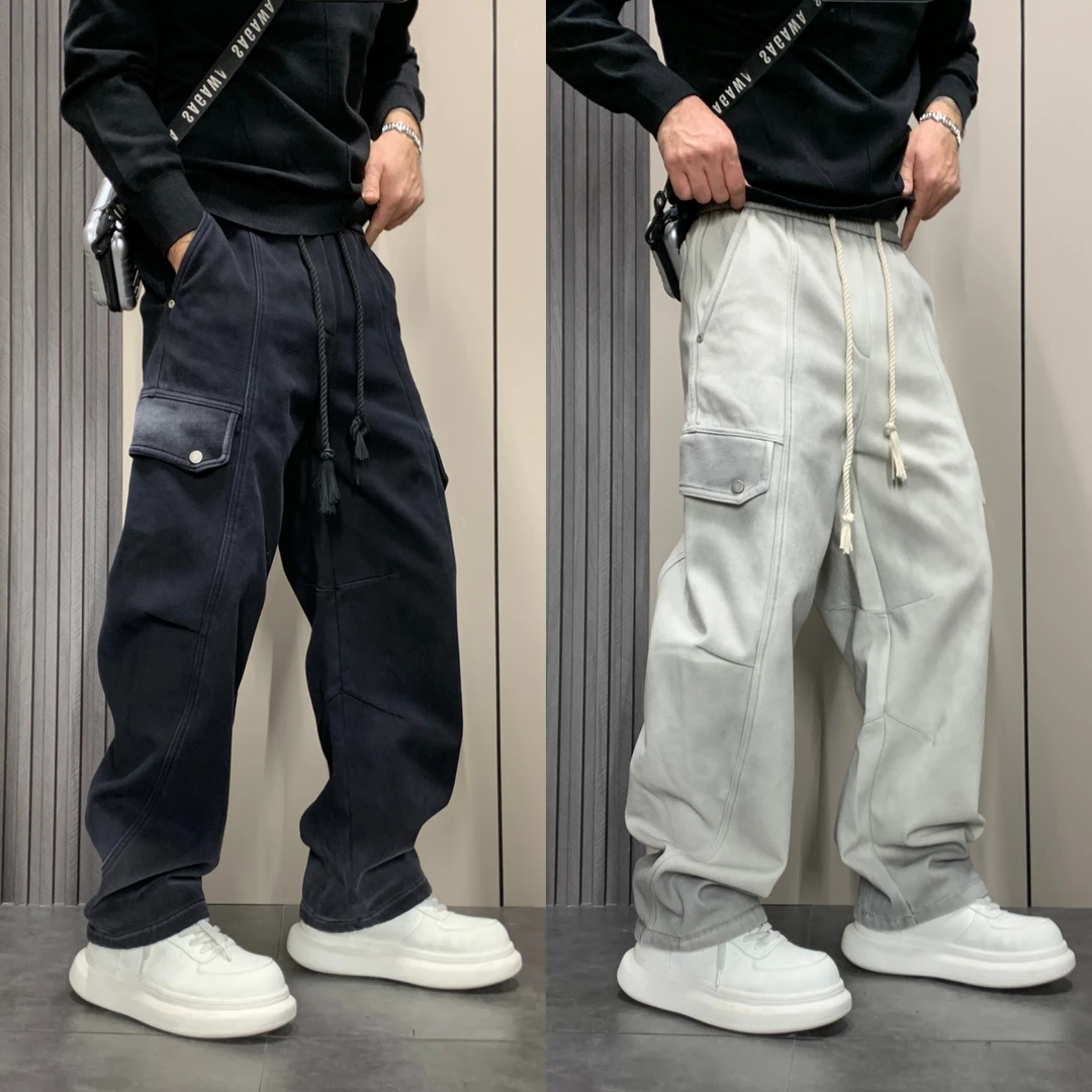2025秋冬加绒男士潮流宽松直筒裤百搭痞帅长裤美式复古工装休闲裤