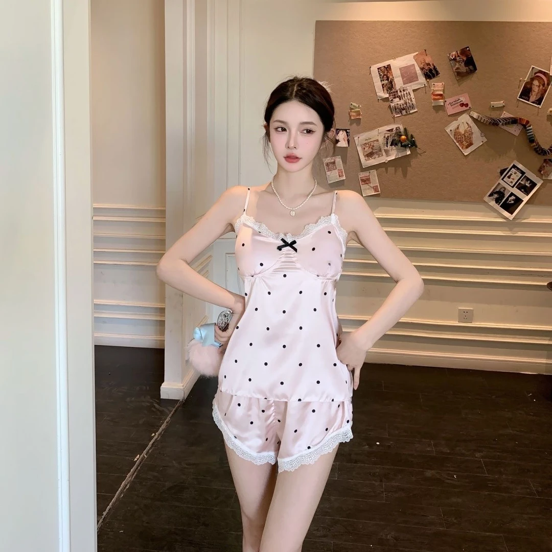 【粉色月光】轻奢高级千金感吊带睡衣短裤冰丝显瘦带胸垫可外穿