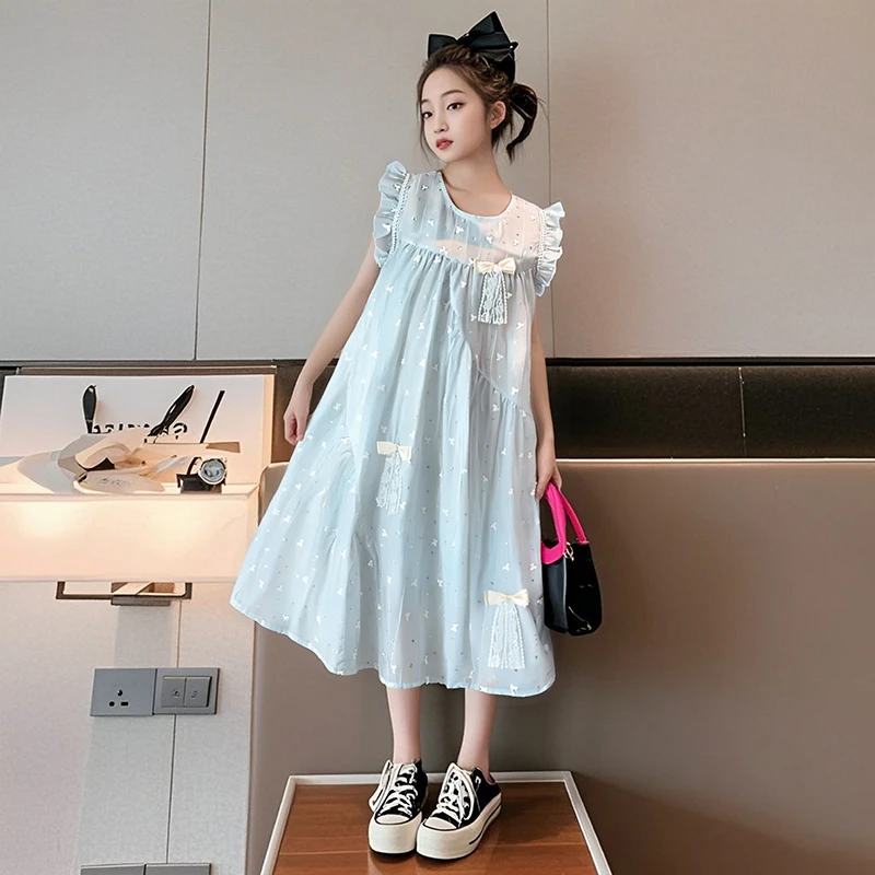 女童连衣裙2025新款中大童夏季小飞袖公主裙儿童夏装女孩洋气裙子