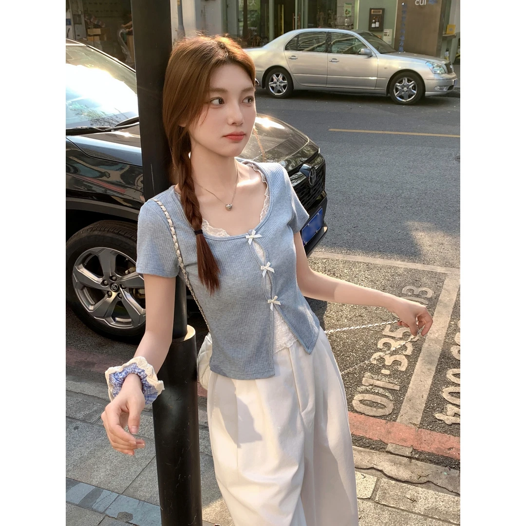 纯欲甜辣假两件蕾丝U领短袖T恤女夏季新款修身显瘦设计感短款上衣