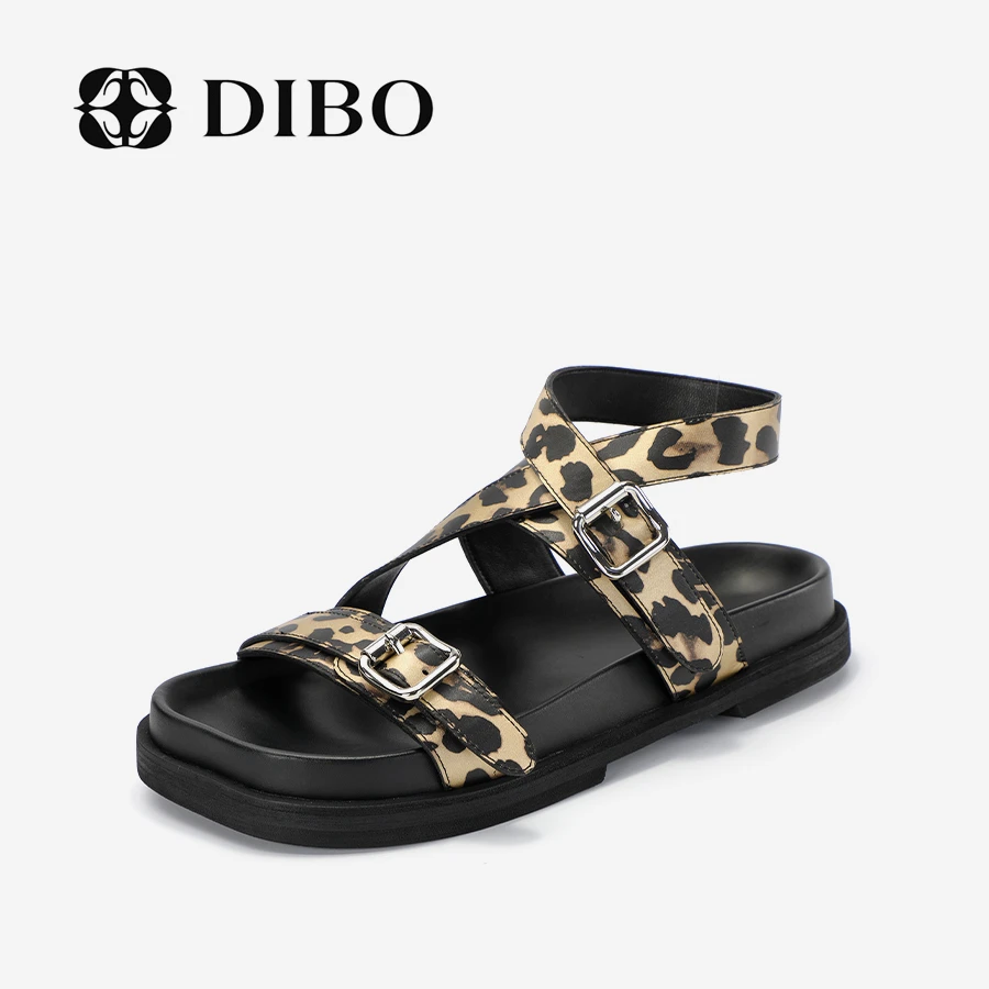 DIBO碲铂 野性之美 豹纹金属扣饰平底凉鞋简约腕带女鞋252C2701