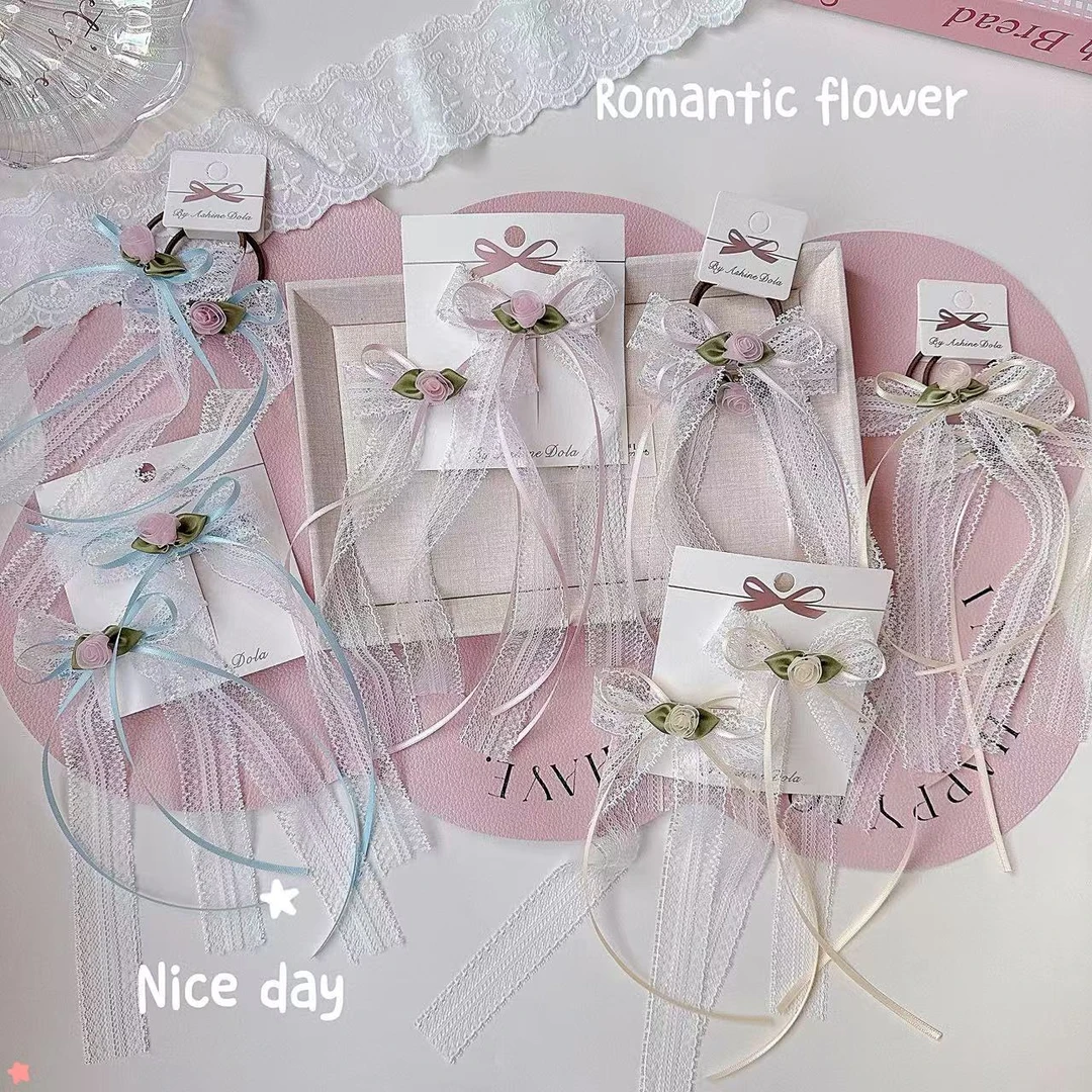 【满19包邮】蕾丝飘带玫瑰花发夹甜美儿童蝴蝶结花朵超仙头绳