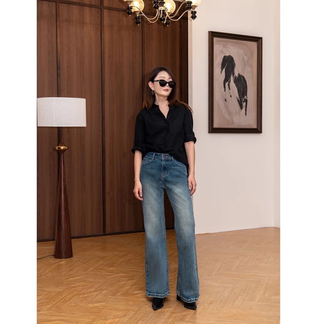 秋季上新-2025树皮皱喇叭裤休闲百搭春季新款潮流蓝色时尚80042