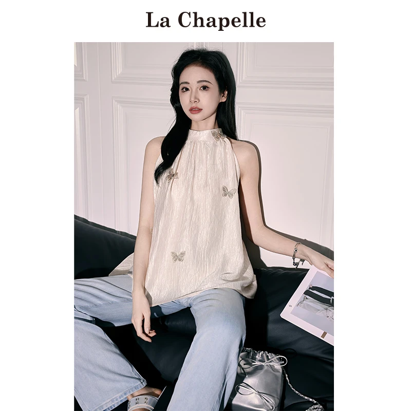 拉夏贝尔蝴蝶挂脖式吊带背心女夏季法式雪纺清纯减龄无袖背心上衣