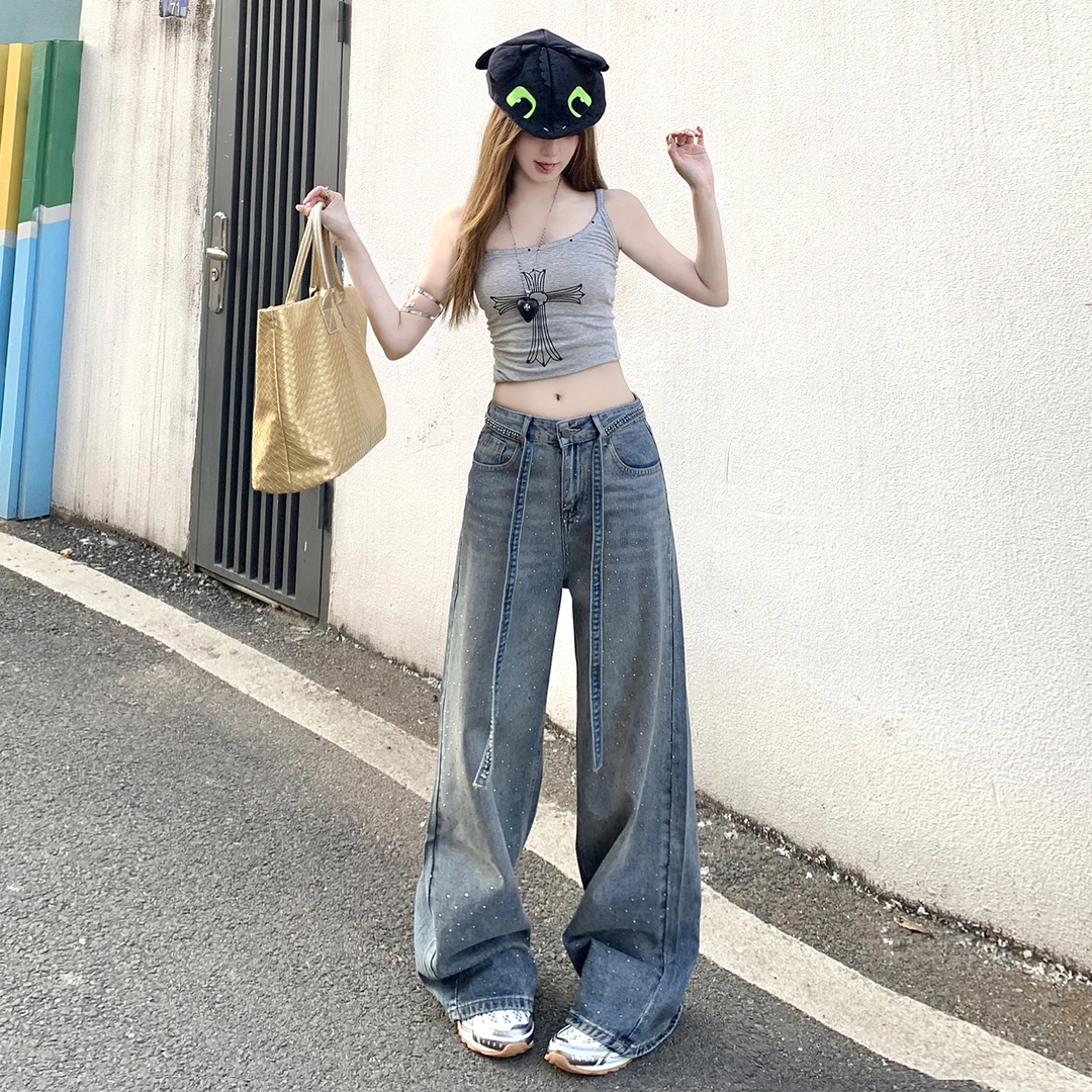 2026春款蓝色满天星烫钻牛仔裤女高腰猫须宽松阔腿长裤Y5027