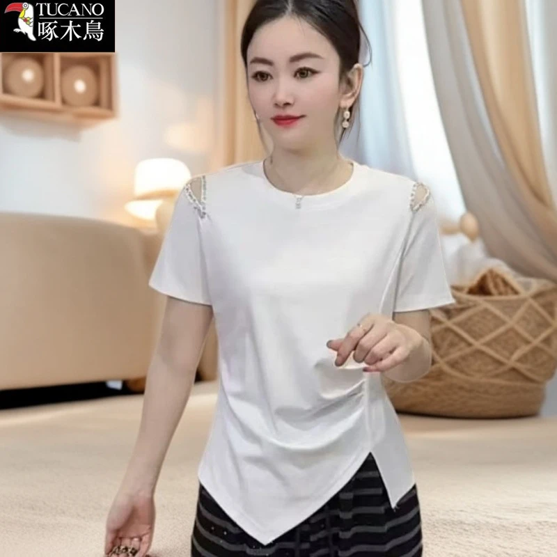 啄木鸟夏季薄款拼接短袖不对称圆领T恤2025年新款时尚气质上衣女