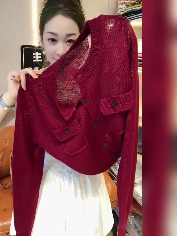 极简风洋气时髦红色针织镂空长袖开衫夏季薄款微透显瘦宽松上衣女