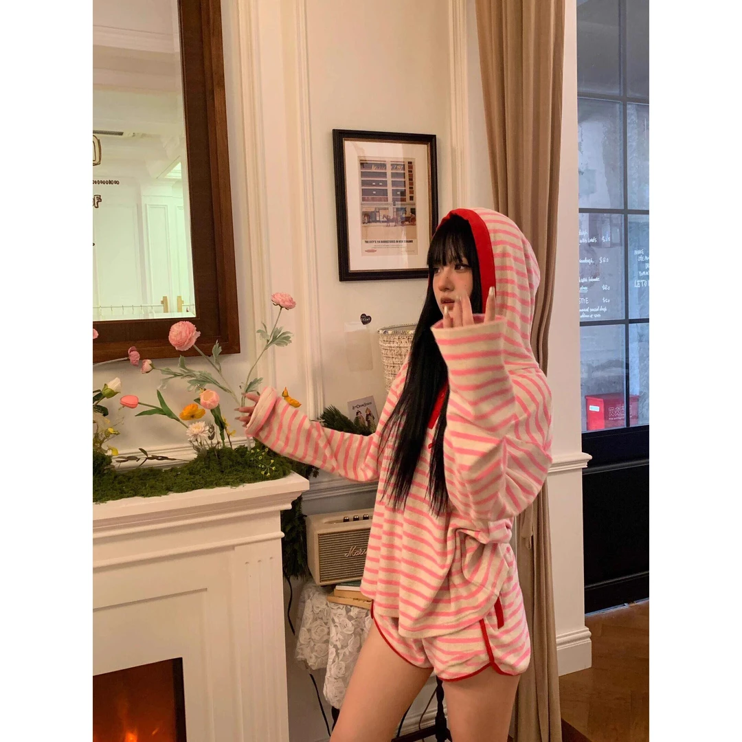【精美撞色条纹】小众设计感长袖连帽睡衣女春秋款套装家居服可外穿