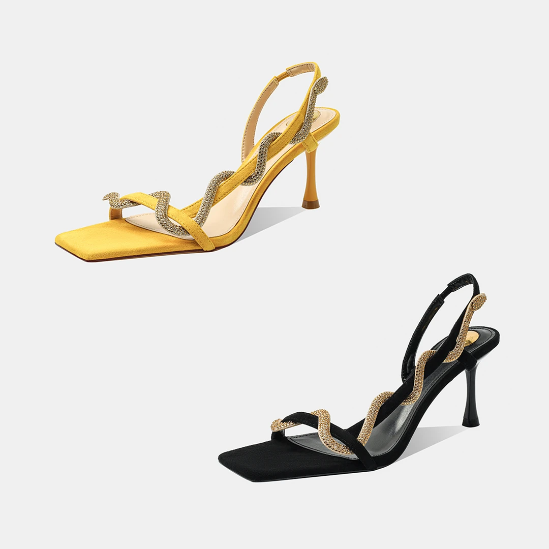 轻奢露趾水钻高跟一字带凉鞋女细跟时尚夏季气质方头百搭性感