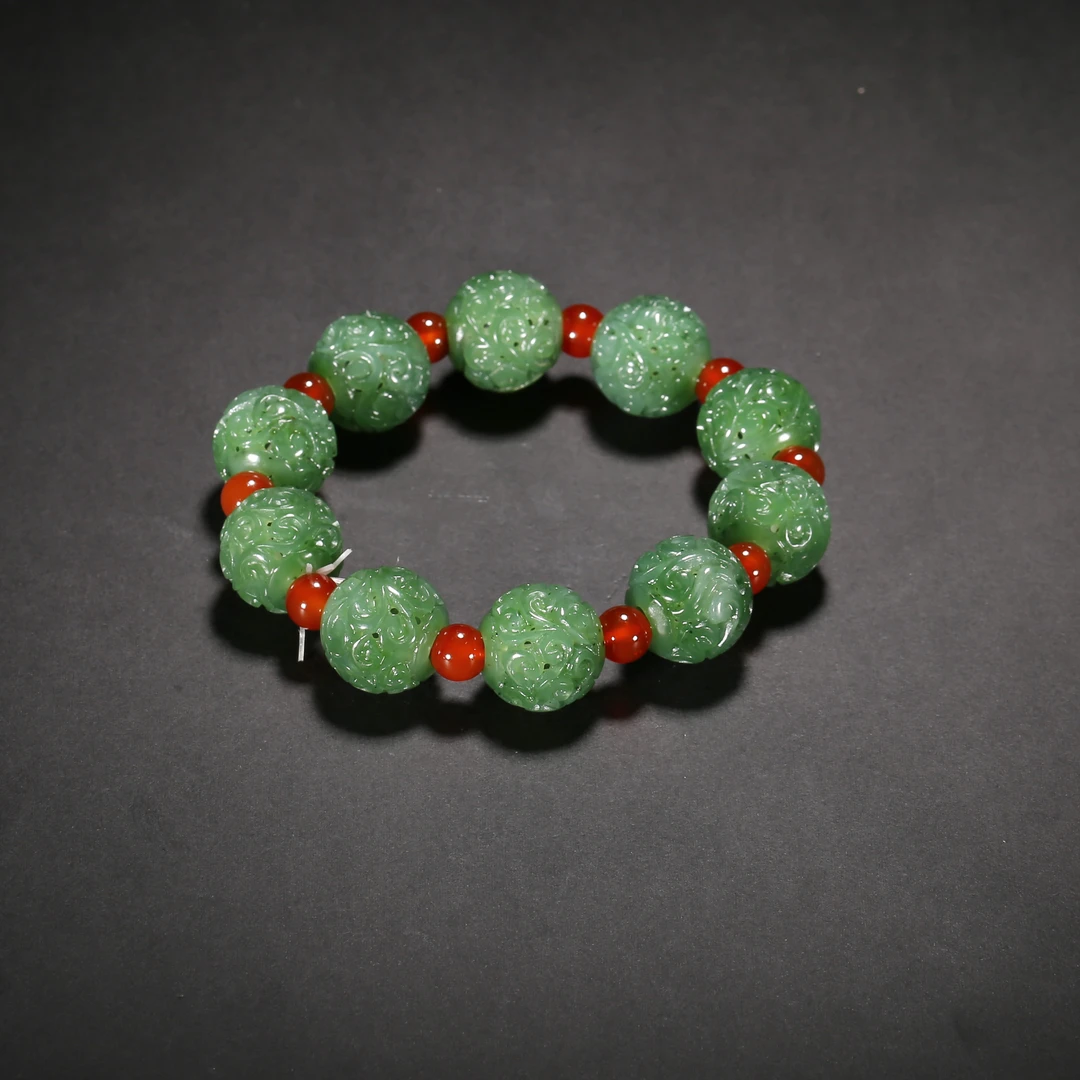 清代*缠枝花卉纹碧玉手串/13JTY4030/和田玉【北京文博】