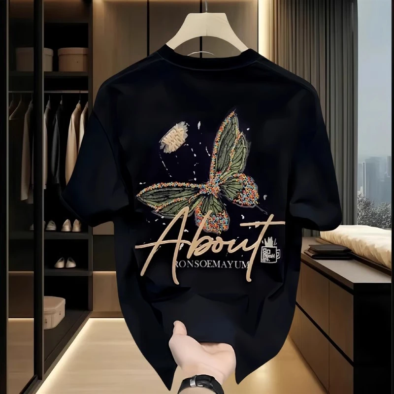 2025夏季新款男士时尚圆领短袖重磅纯棉潮牌印花休闲T恤圆领宽松