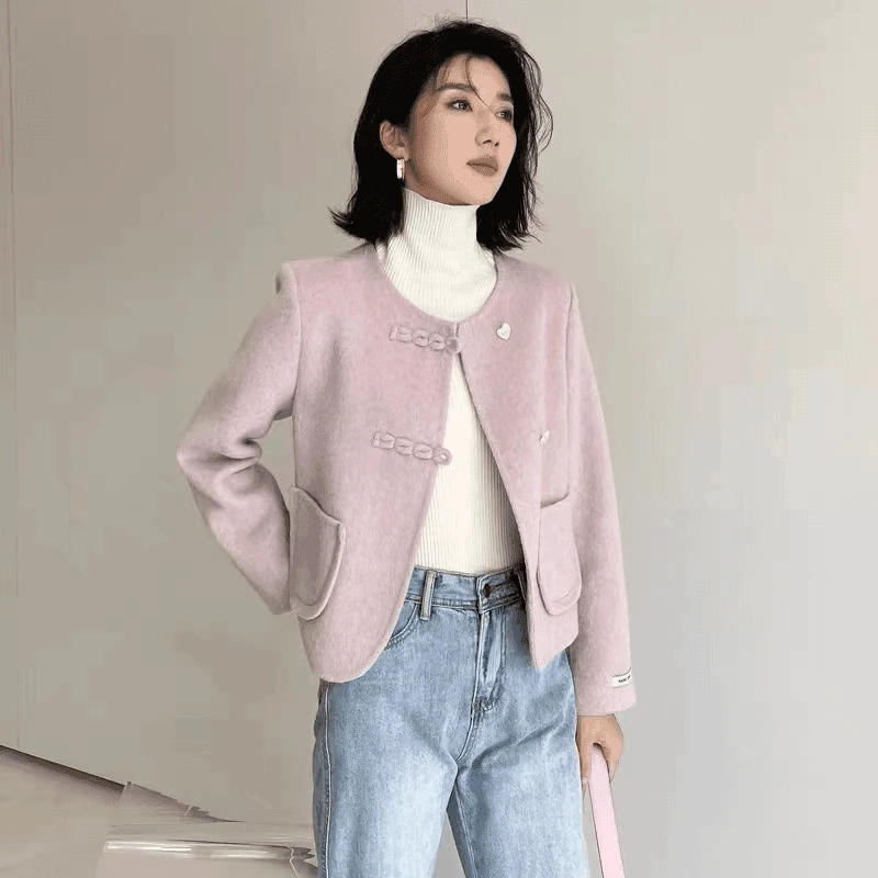 新款爱心扣子短款单面呢子时尚小个子小香风毛呢外套2881