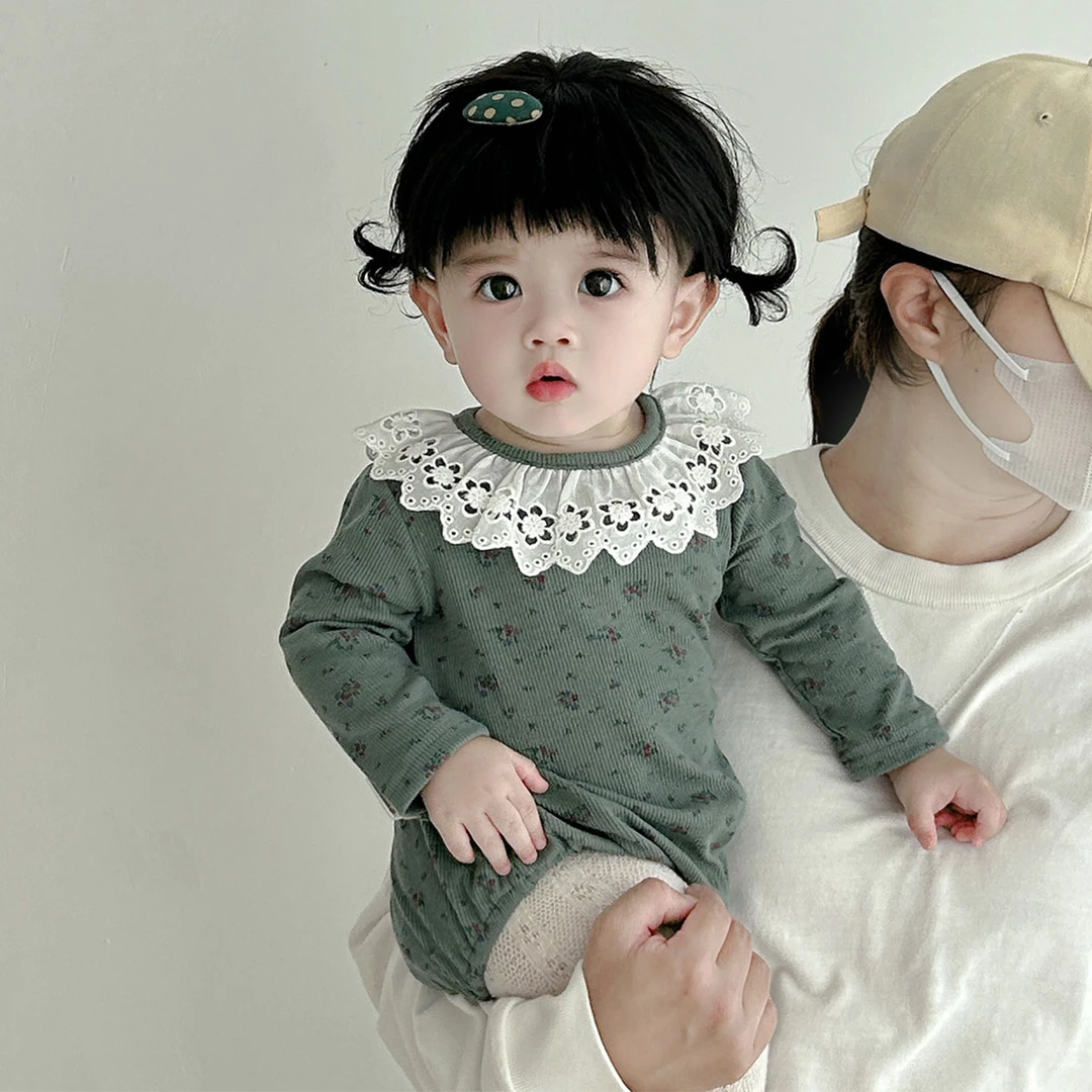 婴幼儿长袖春秋款连体衣新生女宝宝花边领小碎花百天包屁衣Z1283