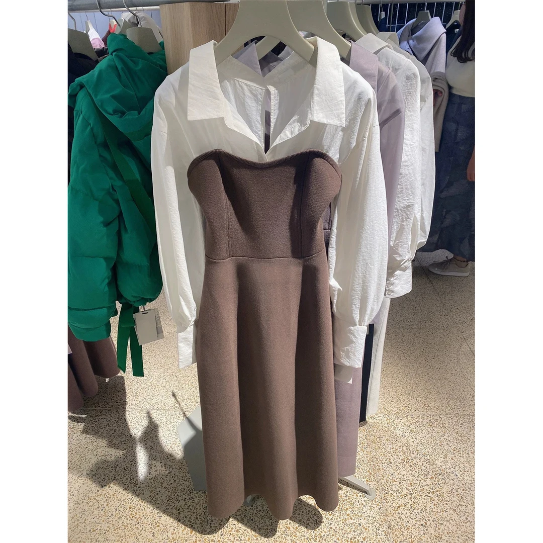 美子酱 日系甜美淑女透视衬衫领拼接针织连衣裙 S5052-1