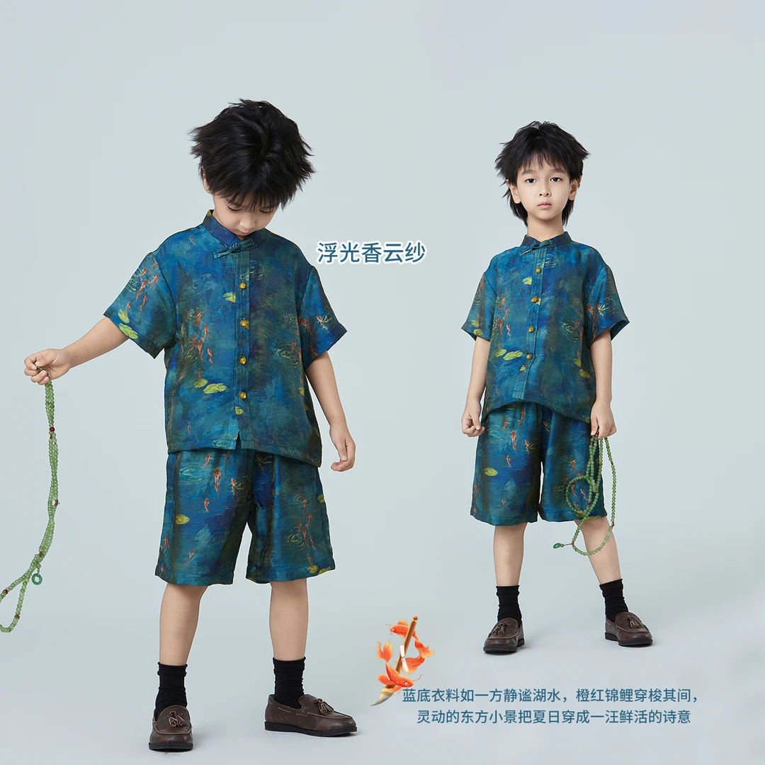 【琨萱】“锦鲤荷塘”2025男童夏款新中式短袖短裤套装SS67T165