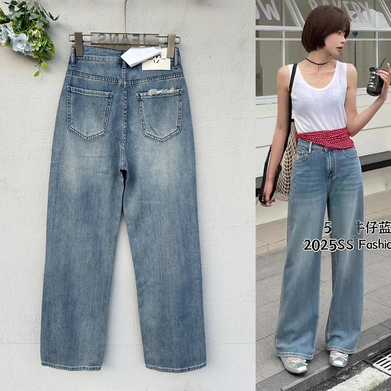 2025春夏薄款JEANS欧货牛仔窄版直筒长裤女高腰显瘦百搭阔腿裤潮